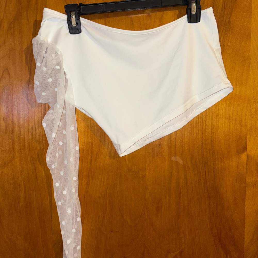 White Asymmetrical Cropped Shirt with Sheer Polka Dot Detail